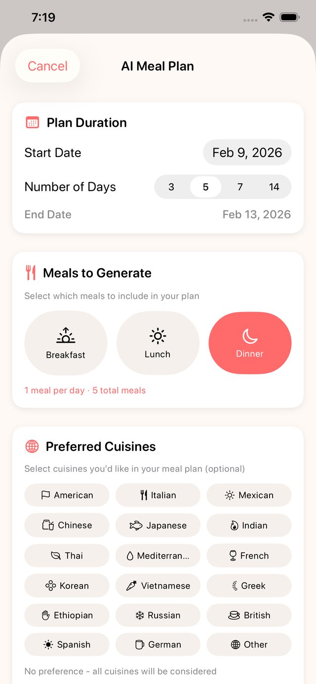 Setting up an AI meal plan: duration, meals, and cuisine preferences
