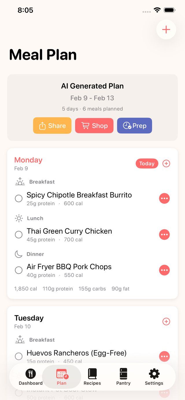 Lazy Dad Gourmet showing a full week of AI-planned dinners